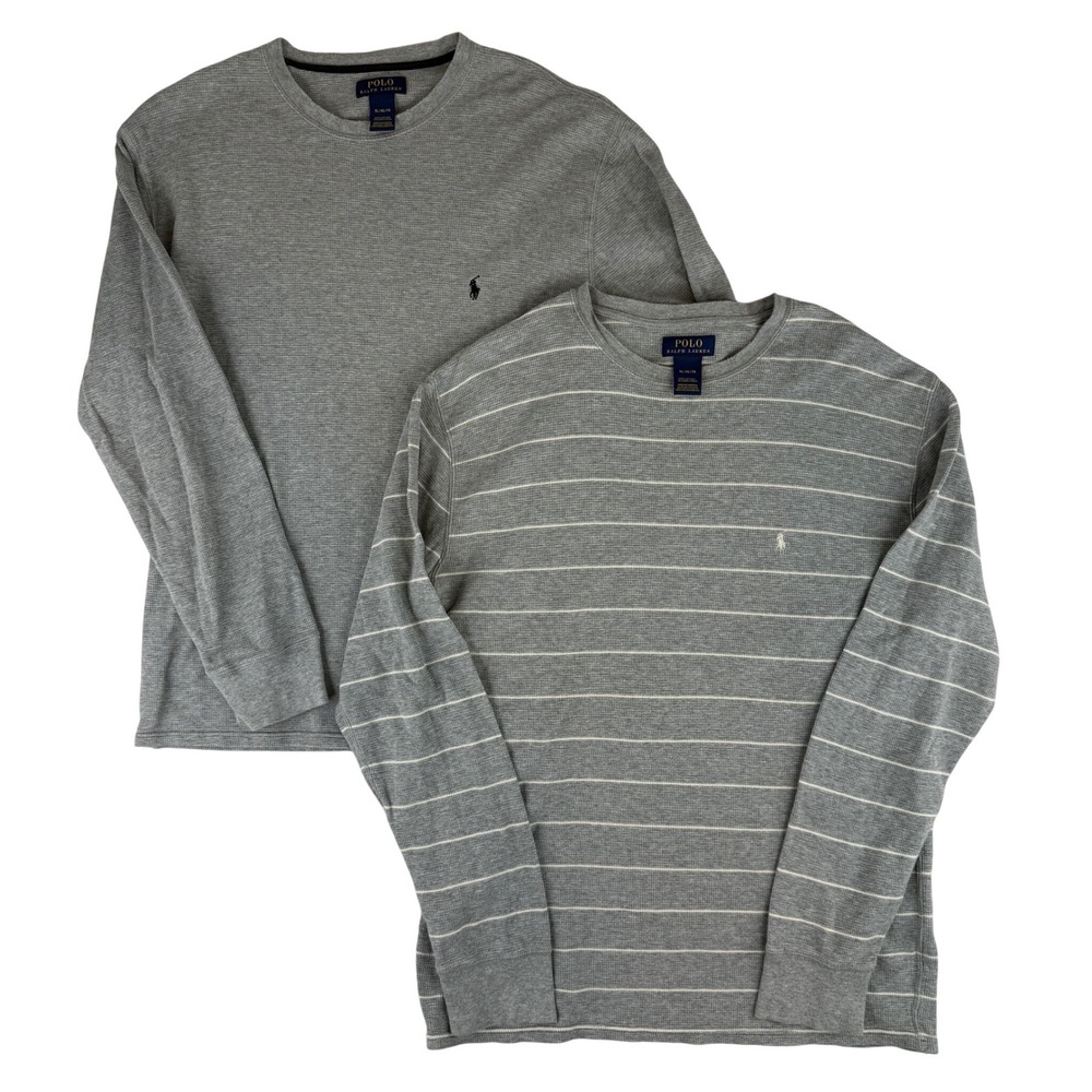 Polo Ralph Lauren Thermal Shirt Men XL Gray 2 Pack Striped Waffle Knit Cotton